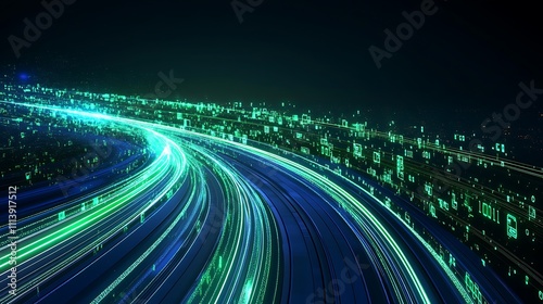 Digital Light Trails with Binary Code Elements in a Futuristic Technology Background at Night