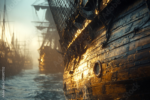 Golden Sunset Rain Soaked Wooden Galleon Fleet