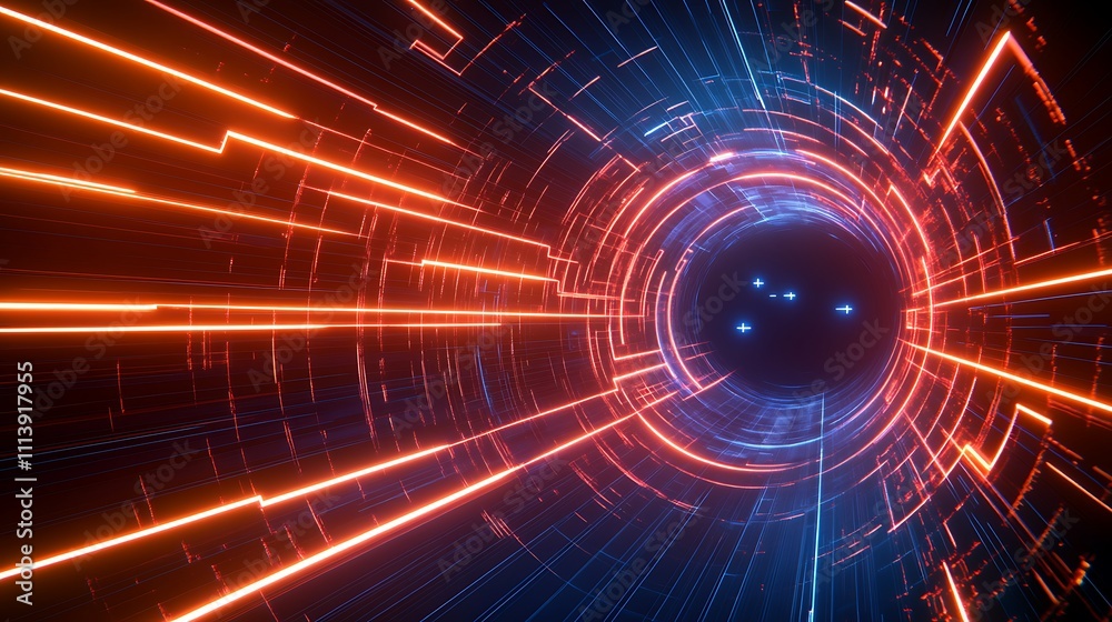 Obraz premium Dynamic abstract background with glowing lines and circular patterns in vibrant blue and orange tones