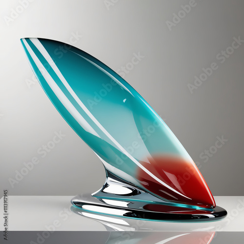 Glass sculpture of surfboard with turquoise-to-coral gradient, highlighting sleek design and craftsmanship, generative ai photo