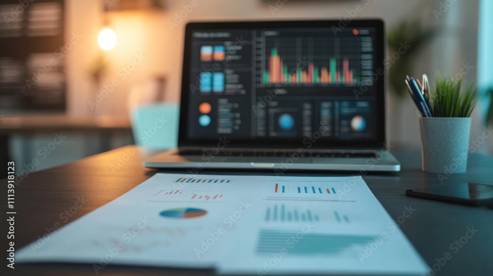 Laptop displaying data analytics with printed reports Laptop displaying data analytics with printed reports