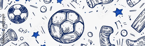 Hand-drawn soccer icon featuring a football goal, award cup, and whistle in a sketch style. photo