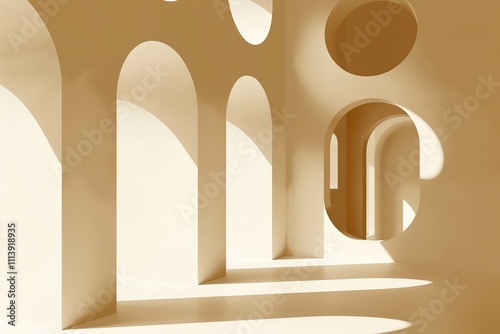 Brown platform on arch wall background, mockup scene for product presentation, 3d rendering
