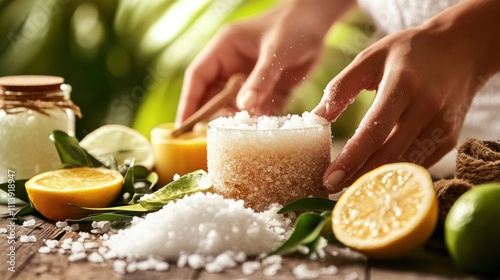 Woman preparing citrus salt scrub for spa treatment