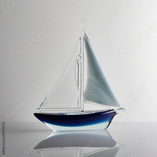 Glass sculpture of sailboat with navy blue to white hull, light gray translucent sail, smooth glossy finish, showcasing detailed craftsmanship and design, generative ai photo