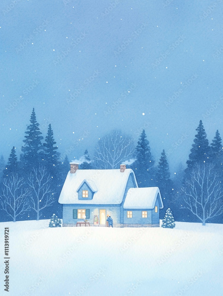 Naklejka premium snowy winter landscape with a cozy house surrounded by trees, peaceful holiday scene, ideal for seasonal greeting cards or winter designs