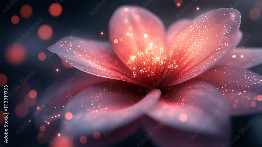 Fototapeta premium A delicate pink flower with shimmering petals and a glowing center, surrounded by soft bokeh lights.