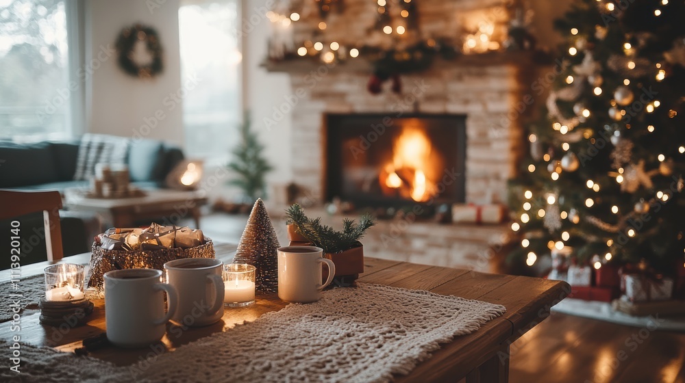Cozy holiday table setting with hot cocoa and christmas decor Cozy holiday table setting with hot cocoa and christmas decor