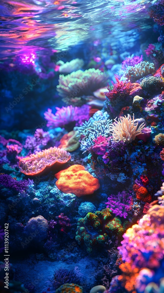 Naklejka premium Vibrant coral reef teeming with colorful marine life.