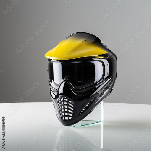 Glass sculpture of paintball protective gear with green to orange gradient, smooth glossy finish, showcasing ergonomic design and craftsmanship, generative ai photo