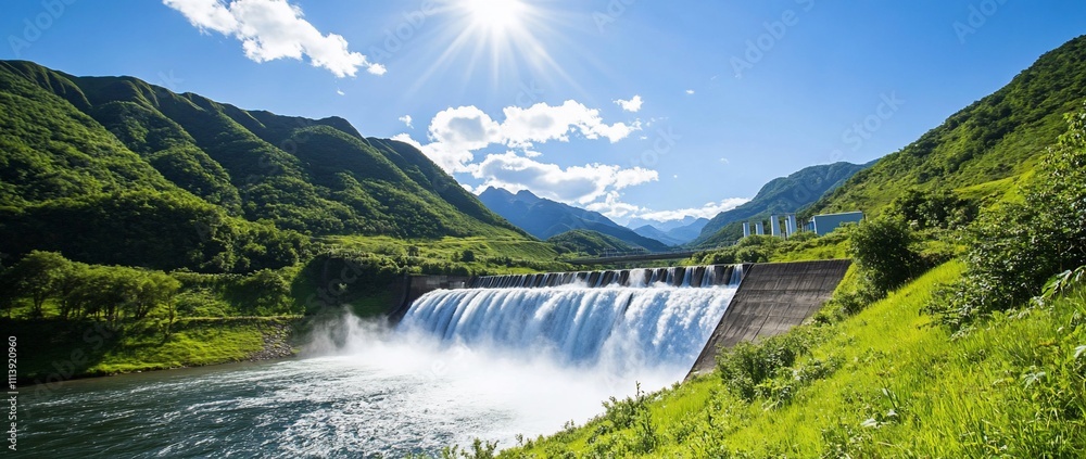 Scenic view of a dam with flowing water and lush green mountains. Scenic view of a dam with flowing water and lush green mountains.