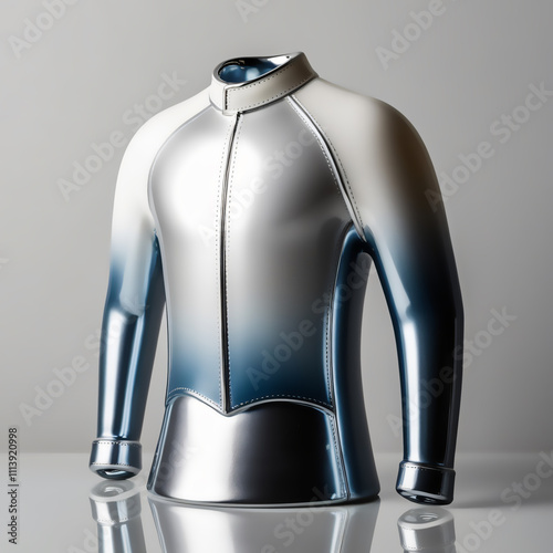 Glass sculpture of fencing protective jacket (lame) with silver-to-white gradient, highlighting sleek design and craftsmanship, generative ai photo