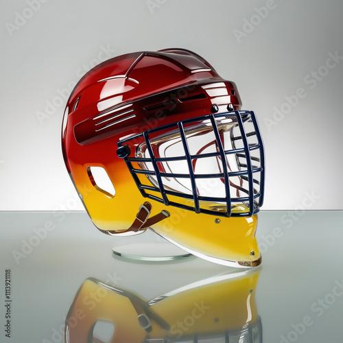 Glass hockey helmet sculpture with red to yellow gradient and fine glass face guard on light gray background, generative ai photo