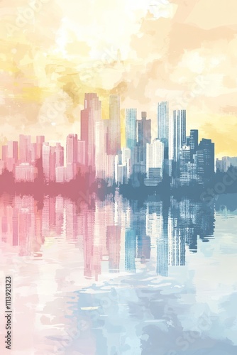 Stunning Watercolor Cityscape Reflection at Sunset - Vibrant Urban Skyline Art Print for Home Decor and Modern Design