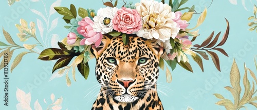 Fototapeta Naklejka Na Ścianę i Meble -  Stylish Leopard with Floral Crown on Turquoise Background - Vibrant Animal Art for Home Decor and Nature Lovers
