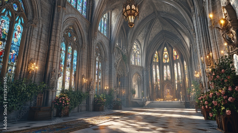 Obraz premium A grand, illuminated cathedral interior with stained glass and floral decorations.