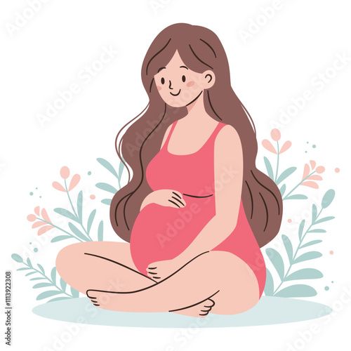 Flat vector illustration in a simple style. Cute pregnant woman sitting and hugging her belly. Vector illustration