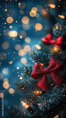 Christmas garland with red bows and golden bokeh lights