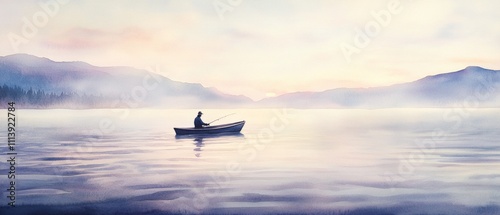 Tranquil Sunrise Over Misty Lake with Solitary Fisherman in a Canoe - Serene Nature Scenery for Relaxation and Meditation