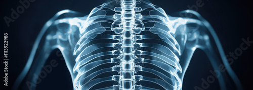 3D medical visualization of human thoracic spine and rib cage with detailed x-ray effect on dark background, showing anatomical structure in glowing blue tones. Generative AI.