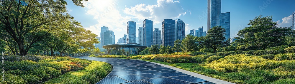 Obraz premium Urban cityscape highlighting sustainable infrastructure with solar pavements