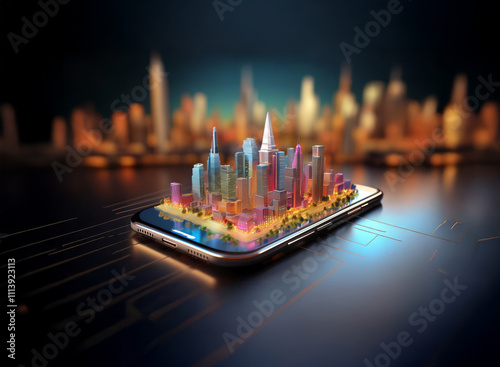 A vibrant, miniature cityscape sits atop a sleek smartphone, illuminated against a dark background, suggesting a connection between technology and urban life.  The scene is digitally rendered, showcas photo