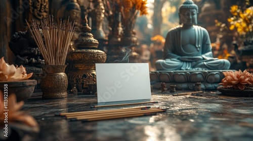 A blank business card resting on a cultural artwork with a Buddha statue and incense sticks nearby. Mockup. Generative AI photo