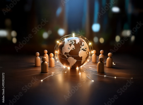 Illuminated globe encircled by glowing fibers, surrounded by small wooden figures, symbolizing global connection and networking. photo