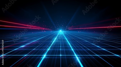 Futuristic Abstract Grid with Glowing Blue and Red Laser Rays Illuminating a Dark Background