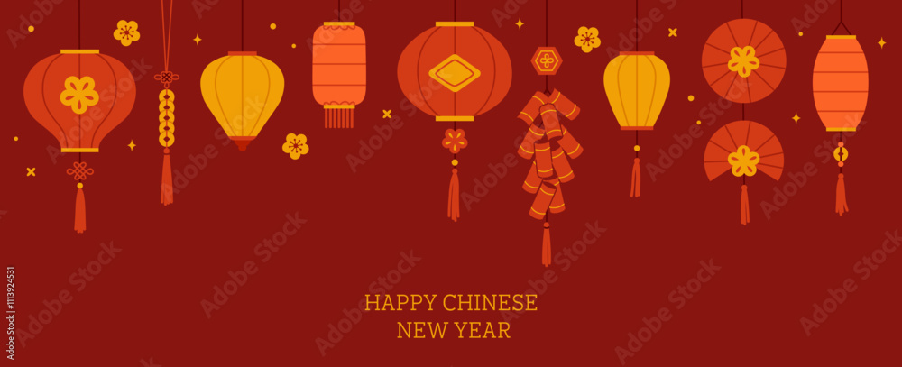 Naklejka premium Chinese new year banner with hanging asian lanterns. Hand drawn vector illustration.