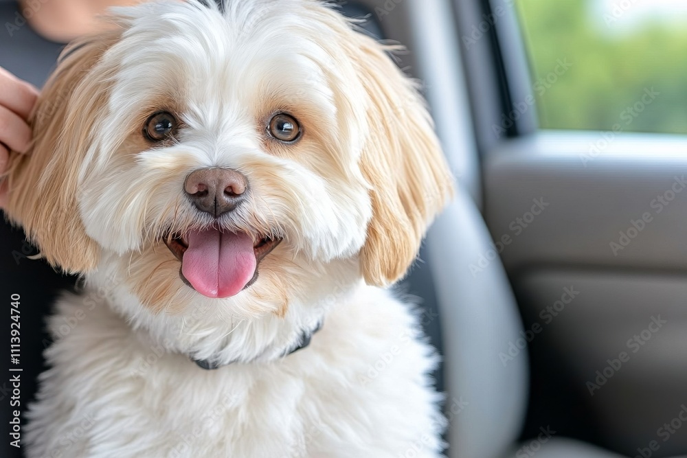A cheerful woman straps her small dog into a car seat. Generative AI A cheerful woman straps her small dog into a car seat. Generative AI