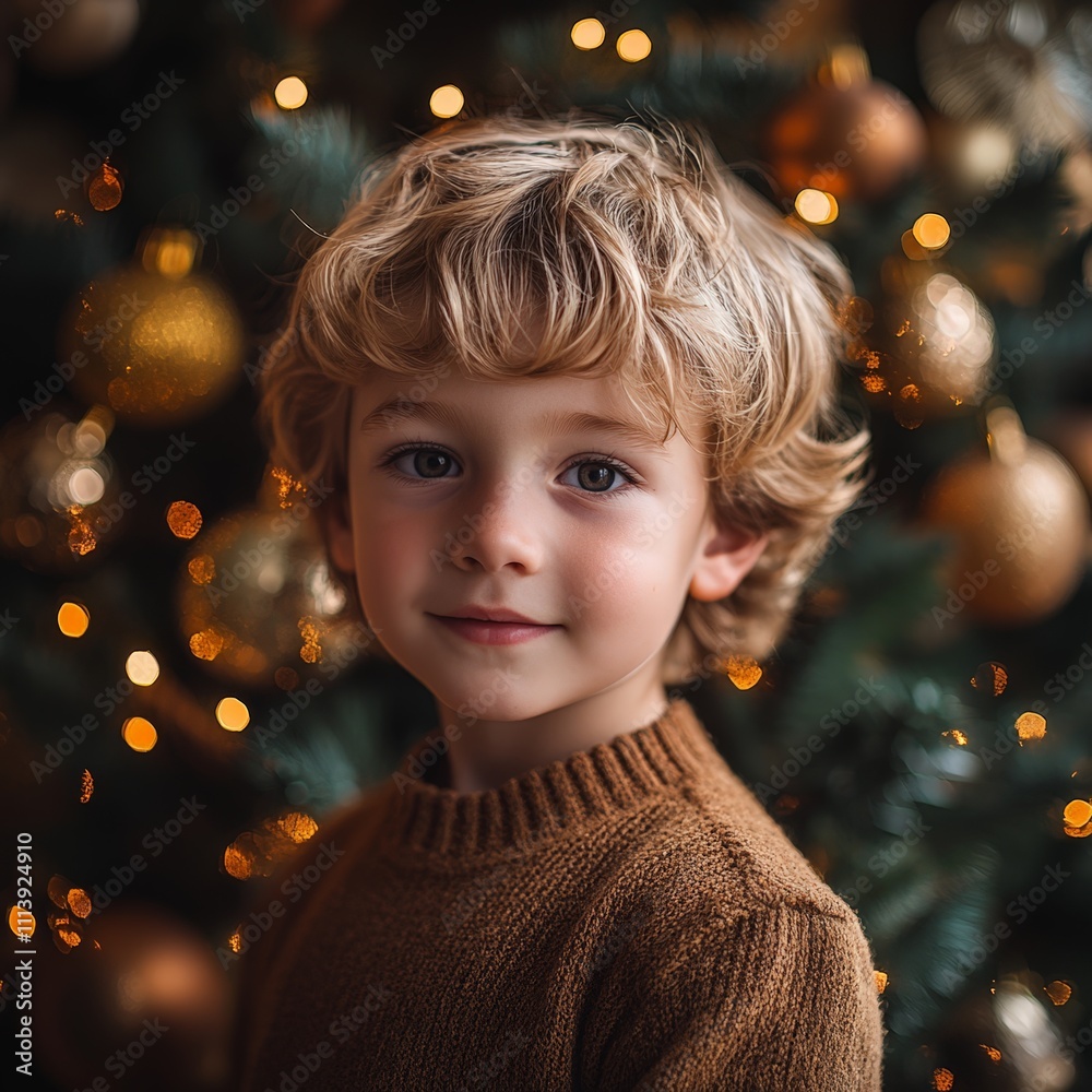 Smiling Child in Festive Holiday Living Room Smiling Child in Festive Holiday Living Room