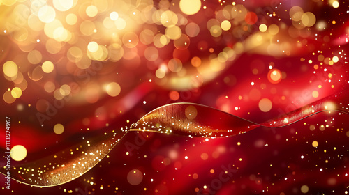 Red Luxury Background with Gold Ribbon Elements: A luxurious red background featuring gold ribbon elements and a spotlight effect with glitter and bokeh decorations.