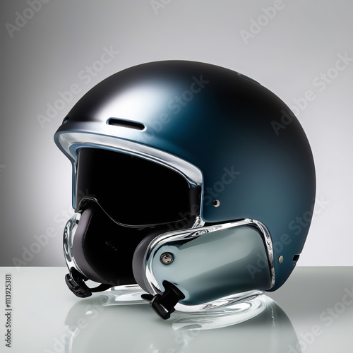 Glass sculpture of snowboarding helmet with matte black to glossy silver gradient, smooth glossy finish, showcasing detailed design and craftsmanship, generative ai photo