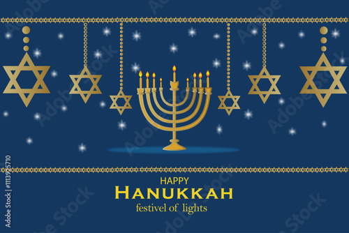 Happy Hanukkah card with nice and creative symbols and gold paper cut style on color background for Hanukkah Jewish holiday