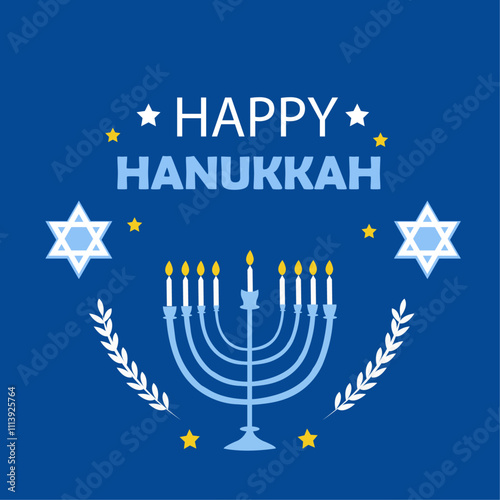 Hanukkah flat vector illustration isolated on a blue background. Traditional  holiday greeting card design with happy congratulation