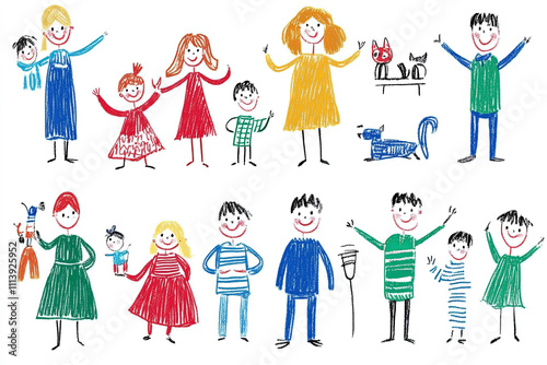 Colorful crayon drawing of happy families with children and pets, expressing joy