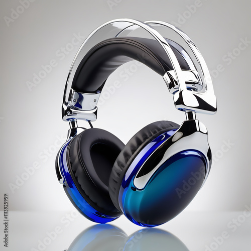 Glass sculpture of gaming headset with black to electric blue gradient, smooth glossy finish, showcasing modern design and craftsmanship, generative ai photo