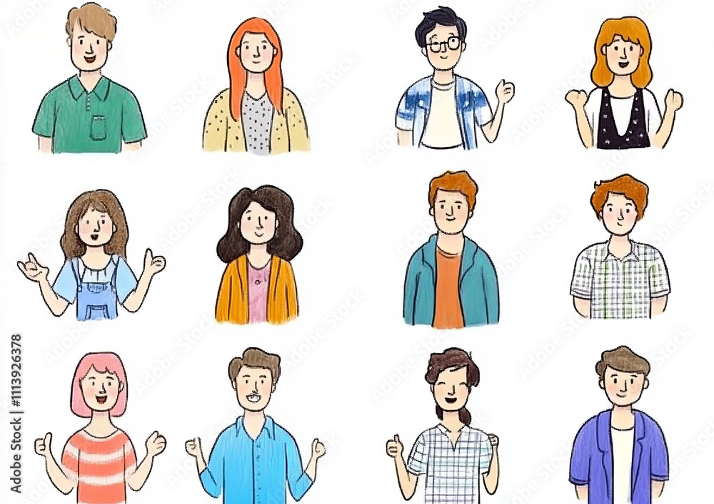 collection of diverse cartoon characters expressing various emotions, each with unique hairstyles and clothing styles, showcasing individuality and creativity collection of diverse cartoon characters expressing various emotions, each with unique hairstyles and clothing styles, showcasing individuality and creativity