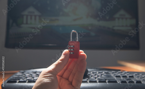 Padlock with a computer. Cybersecurity and digital data protection