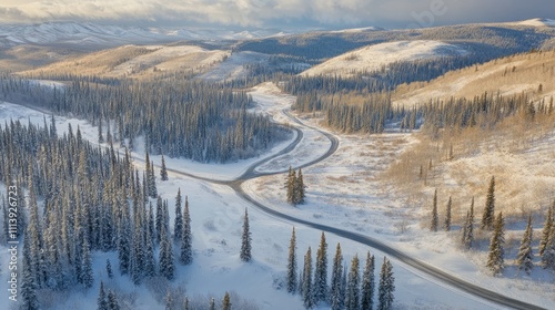Wallpaper Mural Winter mountain landscape with snow-covered peaks, road Torontodigital.ca