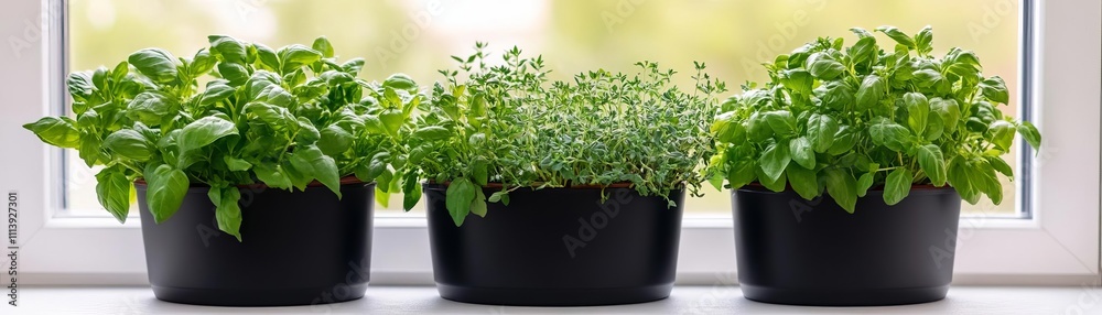 Indoor herbs kept hydrated with a slow-drip watering system Indoor herbs kept hydrated with a slow-drip watering system