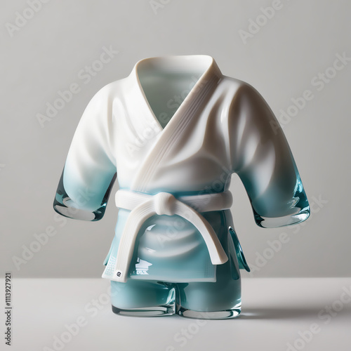 Glass sculpture of Judo Gi with white to gray gradient, smooth glossy finish, showcasing fabric detailing and craftsmanship, generative ai photo