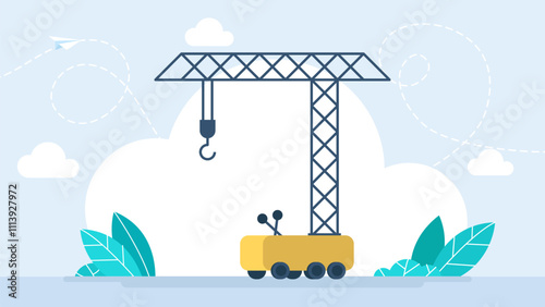 Construction crane in a flat style isolated on white background. Сrane vector simple, with weight pounder for dynamic compaction, construction. Aerial Work Platform Bucket Truck. Vector Illustration