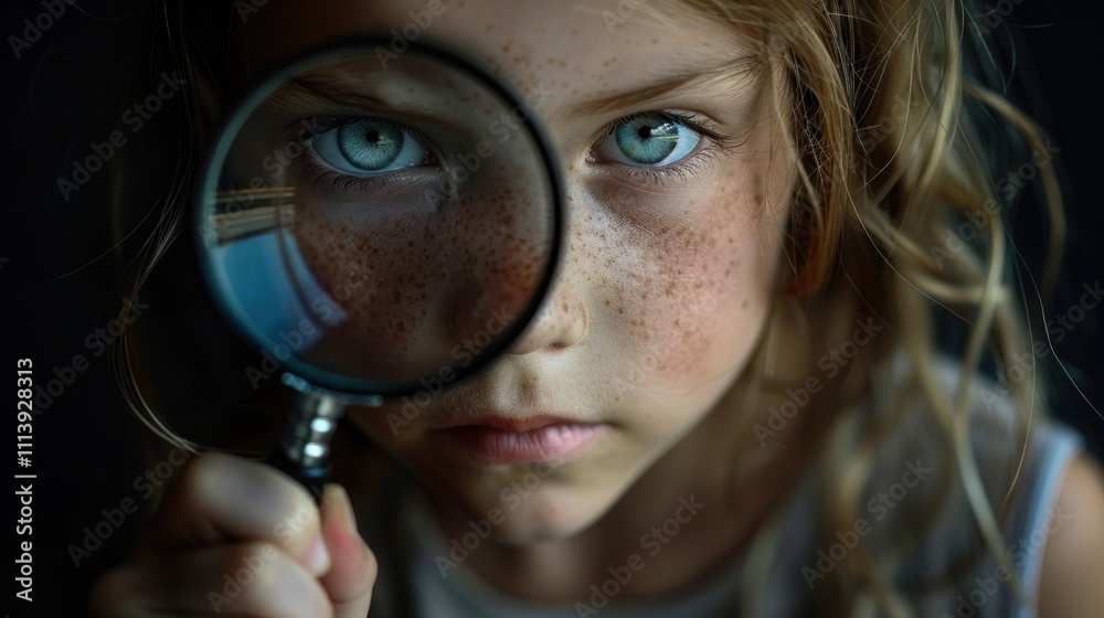 Little girl looking through a magnifying glass on a black background, AI generated image Little girl looking through a magnifying glass on a black background, AI generated image