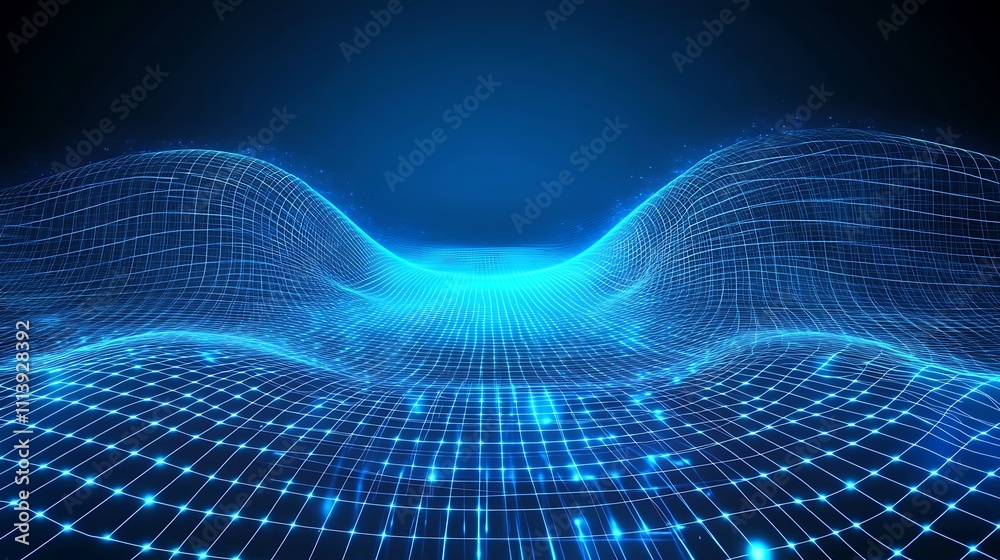 Futuristic Blue Wave Grid Background with Glowing Points and Light Effects for Technology and Design Concepts Futuristic Blue Wave Grid Background with Glowing Points and Light Effects for Technology and Design Concepts