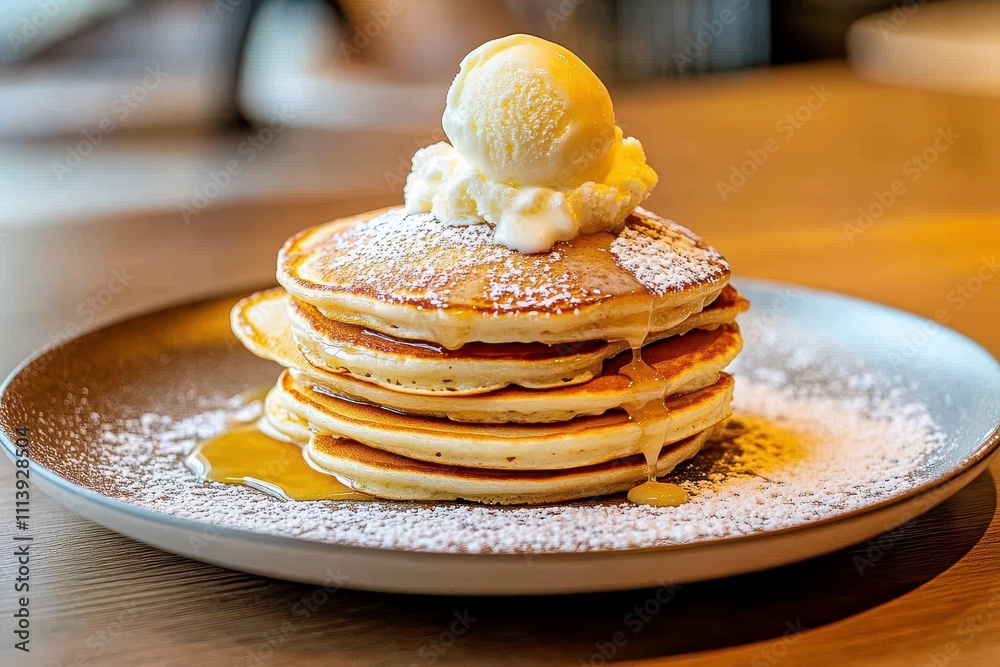 Delicious stack of fluffy pancakes topped with creamy vanilla ice cream and drizzled with syrup served on a rustic plate in a cozy dining setting. Delicious stack of fluffy pancakes topped with creamy vanilla ice cream and drizzled with syrup served on a rustic plate in a cozy dining setting.
