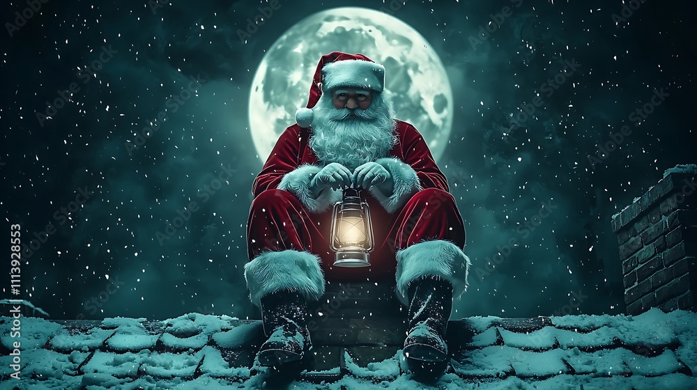 Fototapeta premium Christmas Eve Santa Claus on Rooftop Snow Moon Lantern
