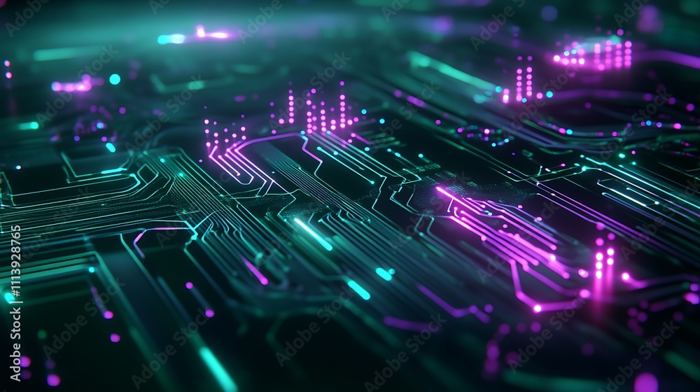 Obraz premium Futuristic Circuit Board Design with Neon Colors and Digital Patterns for Technology Background Visuals