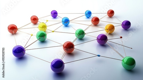 Colorful spheres connected by lines in a network structure